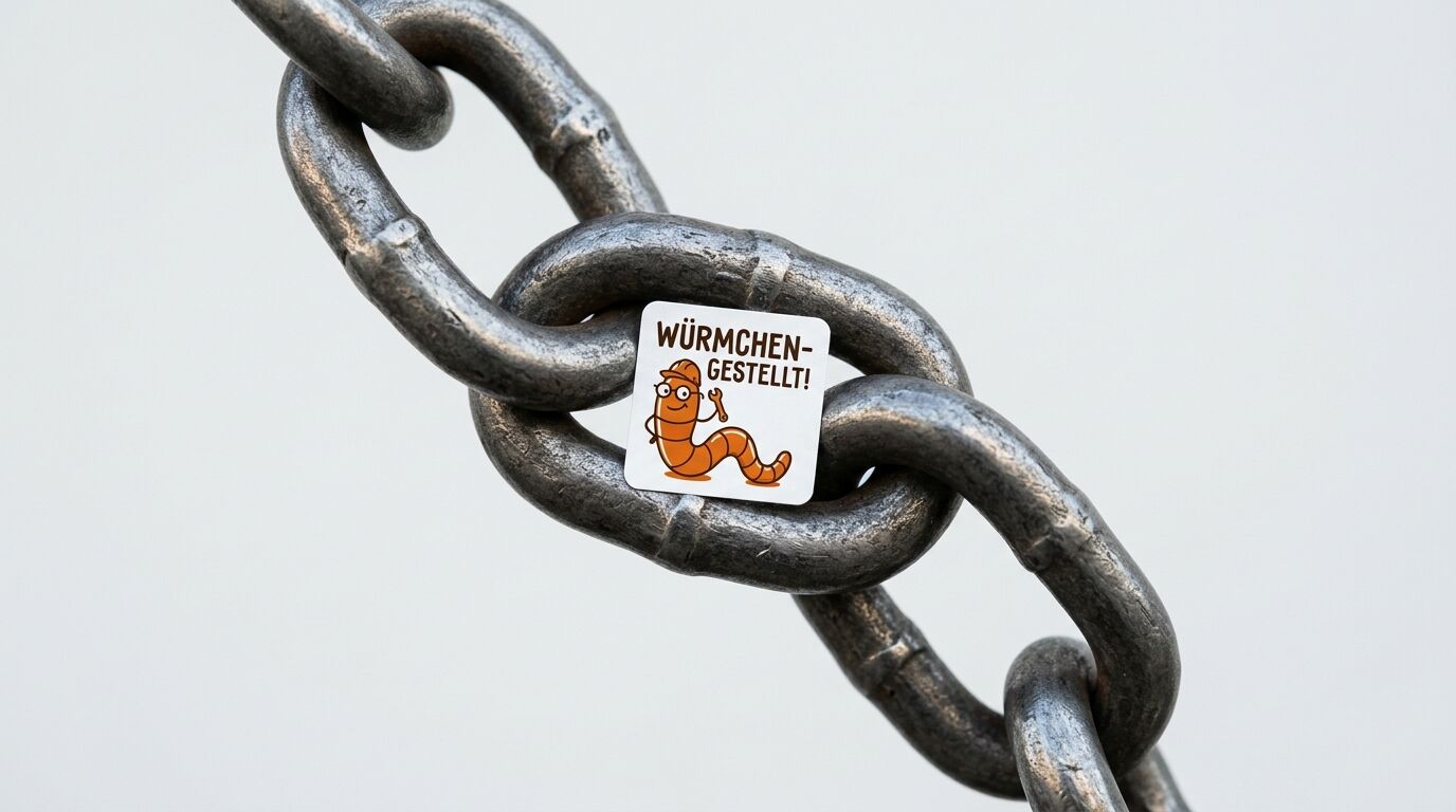 Stahlkette mit Aufkleber eines Wurms und Text „WÜRMCHEN-GESTELLT!“ auf grauem Grund