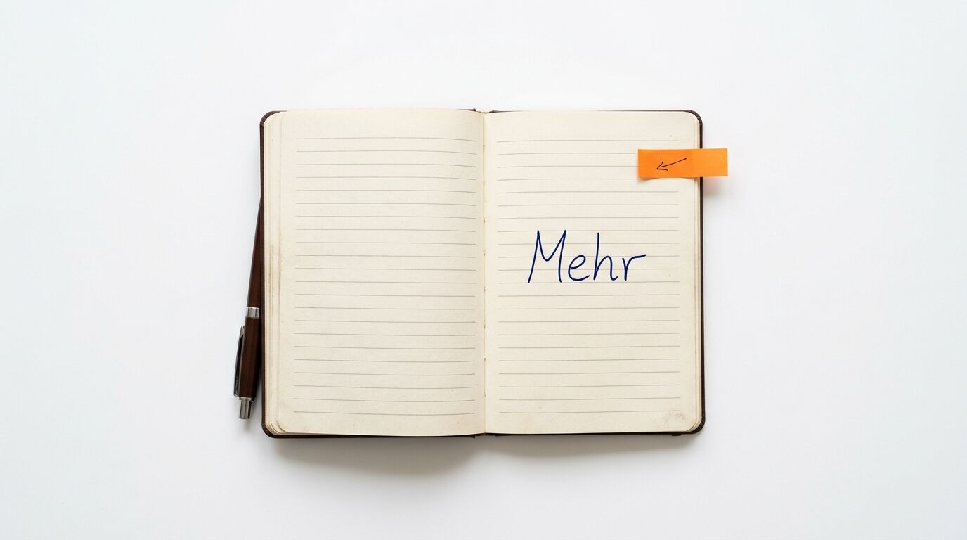 Offenes Notizbuch mit dem Wort „Mehr“, Kuli und Klebezettel