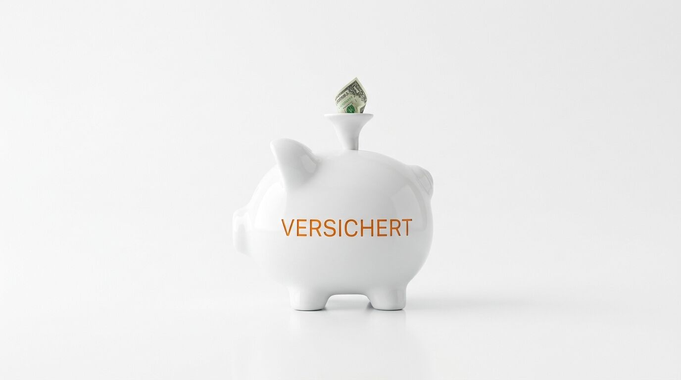 Weißes Sparschwein mit Aufschrift „VERSICHERT“ und Geldschein in Trichteröffnung auf Weiß