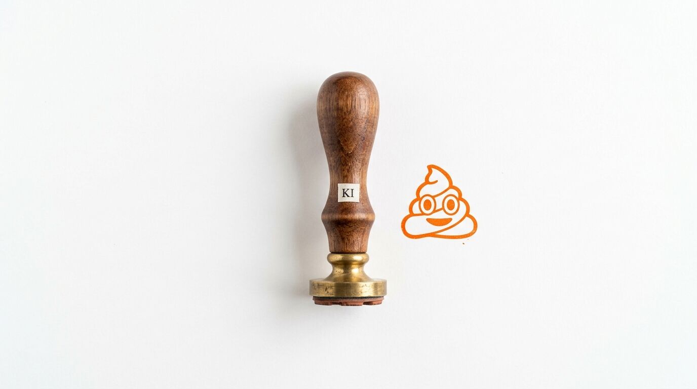 Draufsicht auf einen Stempel mit der Beschriftung KI und einen orangefarbenen Kacke-Abdruck daneben auf weißem Hintergrund