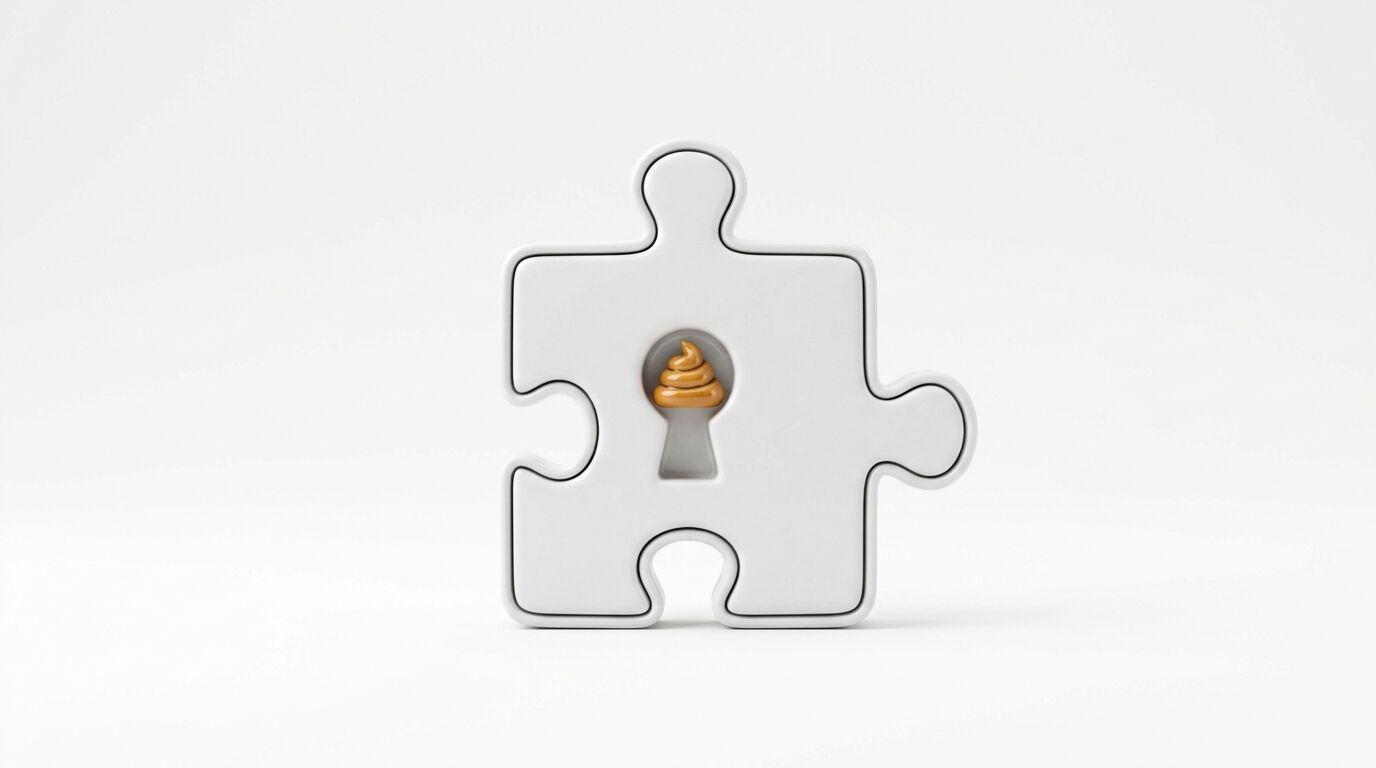 Ein weißes Puzzlestück mit einem Schlüsselloch und einem Kot-Haufen-Emoji darin