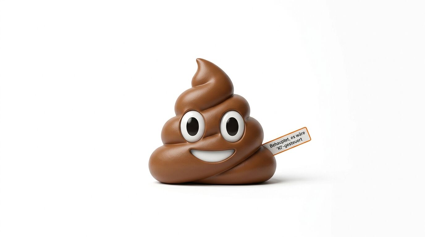 Lächelndes Kackhaufen-Emoji mit Schild: „Behauptet, es wäre ‘KI’-gesteuert“ auf Weiß