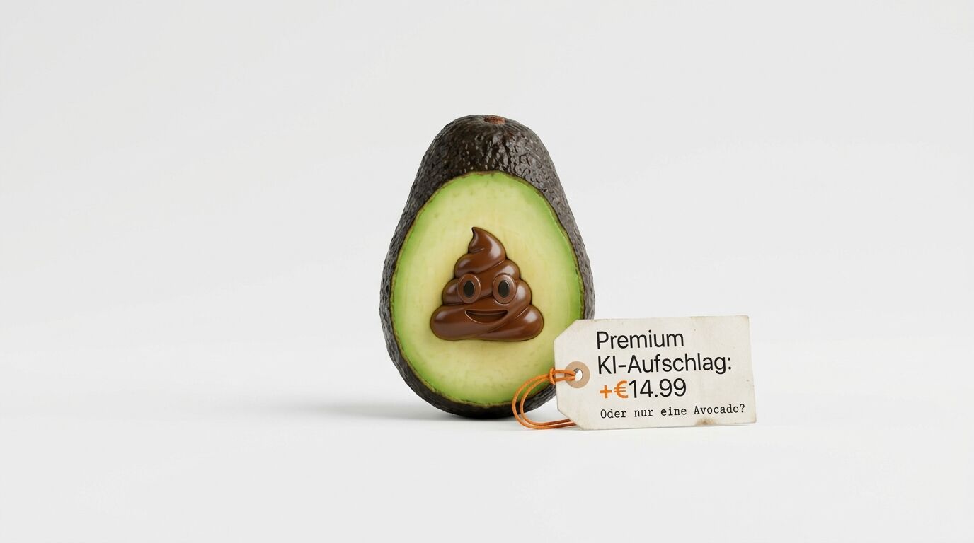 Avocado mit Kothaufen-Emoji im Kern und Preisschild für „Premium KI-Aufschlag: +€14.99“