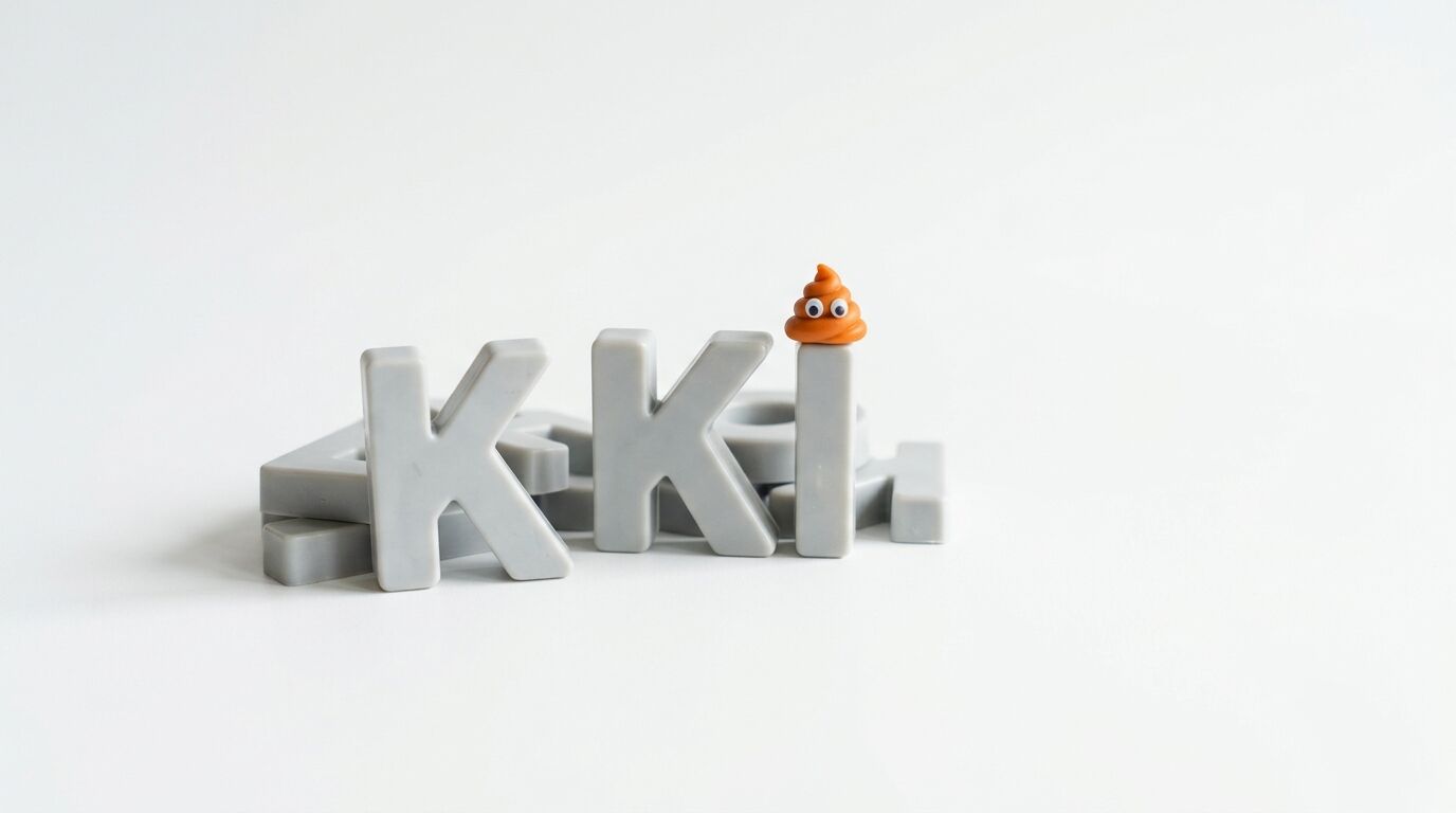 Graue Buchstaben KKI auf Weiß mit einem Kot-Emoji mit Augen auf dem I