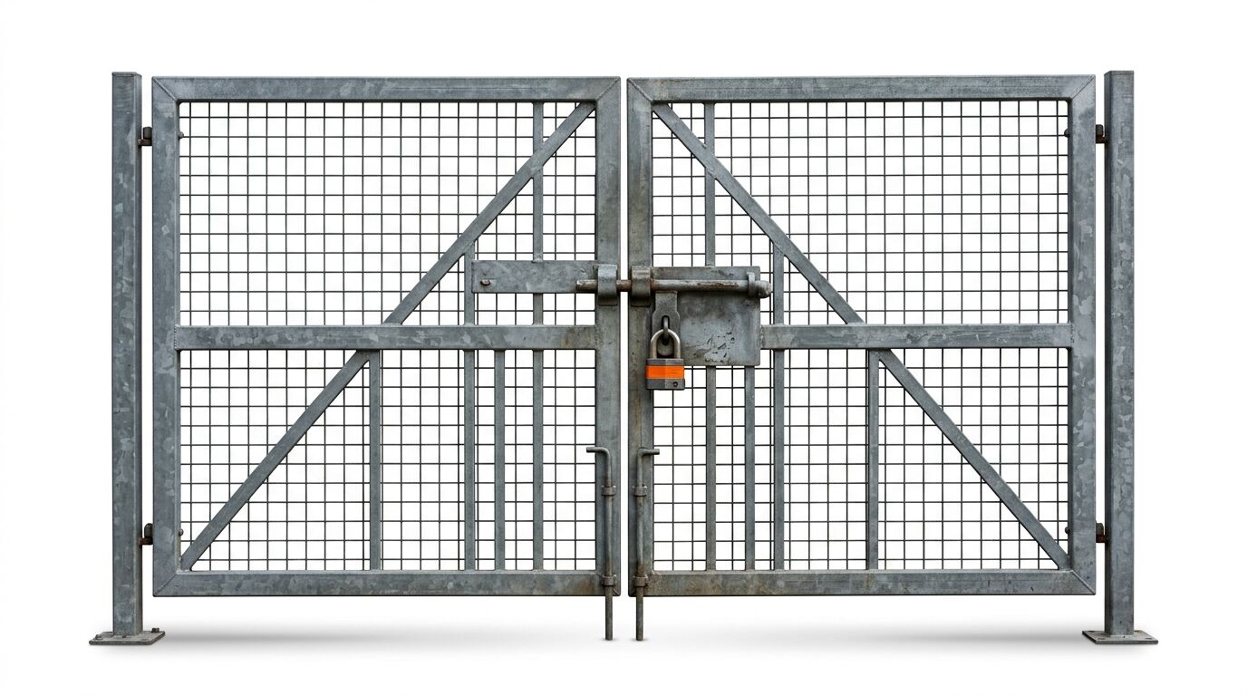 Geschlossenes zweiflügeliges Metalltor mit Vorhängeschloss auf weißem Hintergrund