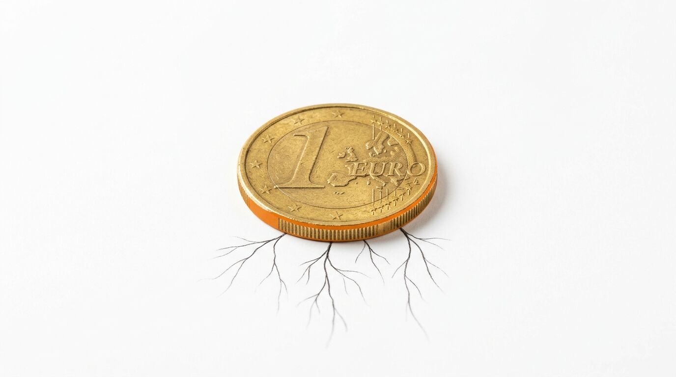 Ein-Euro-Münze auf weißem Grund mit gezeichneten Wurzeln darunter