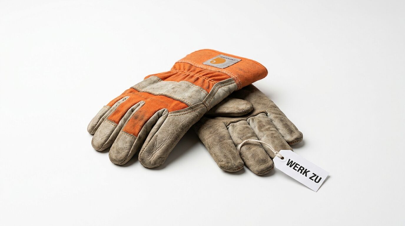 Gebrauchte, orange-graue Carhartt-Arbeitshandschuhe mit Anhänger „WERK ZU“