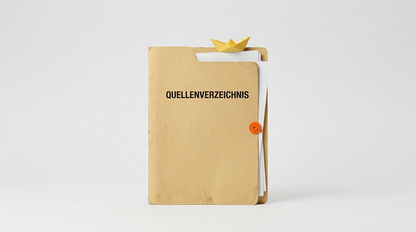 Aktenordner mit Aufschrift „QUELLENVERZEICHNIS“ und gelbem Papierschiffchen darauf