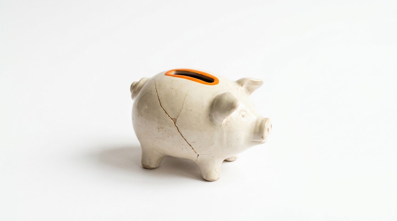 Ein defektes, beiges Sparschwein aus Keramik mit einem Riss und orangefarbenem Schlitz