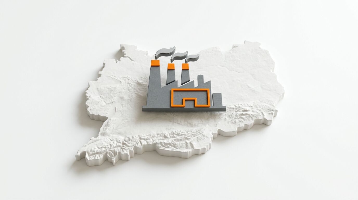 Graue 3D-Fabrik-Ikone mit Rauch steht auf einer erhobenen weißen Deutschland-Landkarte vor Weiß