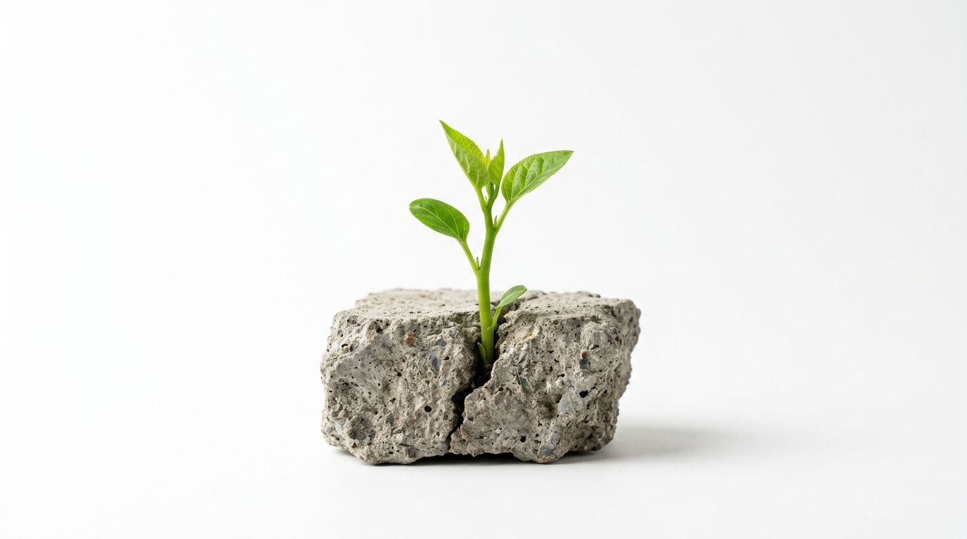 Ein grüner Pflanzenspross wächst aus einem Riss in einem Betonblock vor weißem Hintergrund