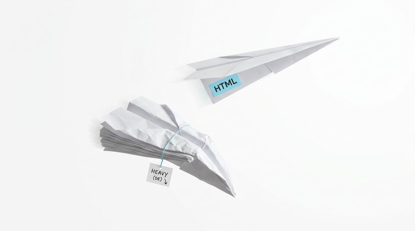 Vergleich zweier Papierflieger: Einer ist leicht mit der Aufschrift „HTML“, der andere schwer