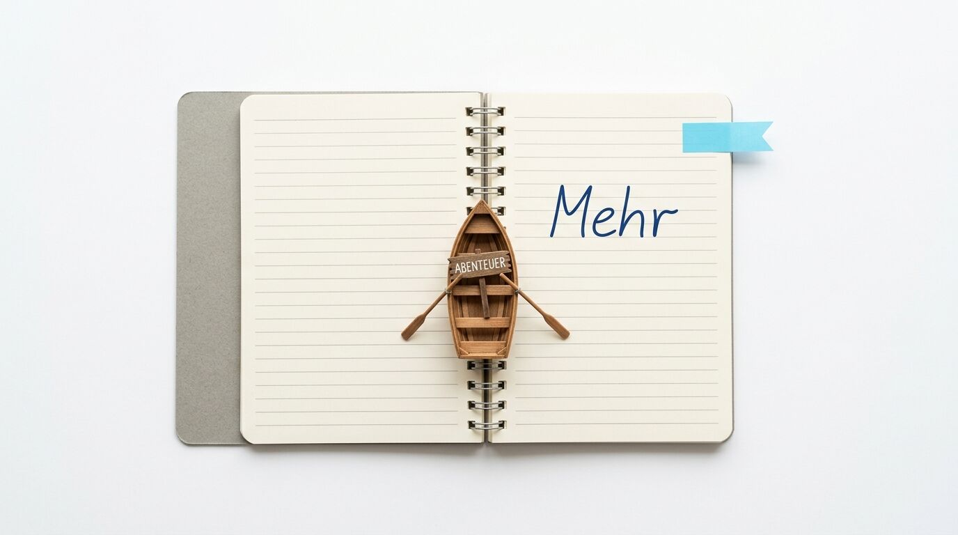 Offenes Notizbuch mit Miniaturboot „ABENTEUER“ und handgeschriebenem Wort „Mehr“