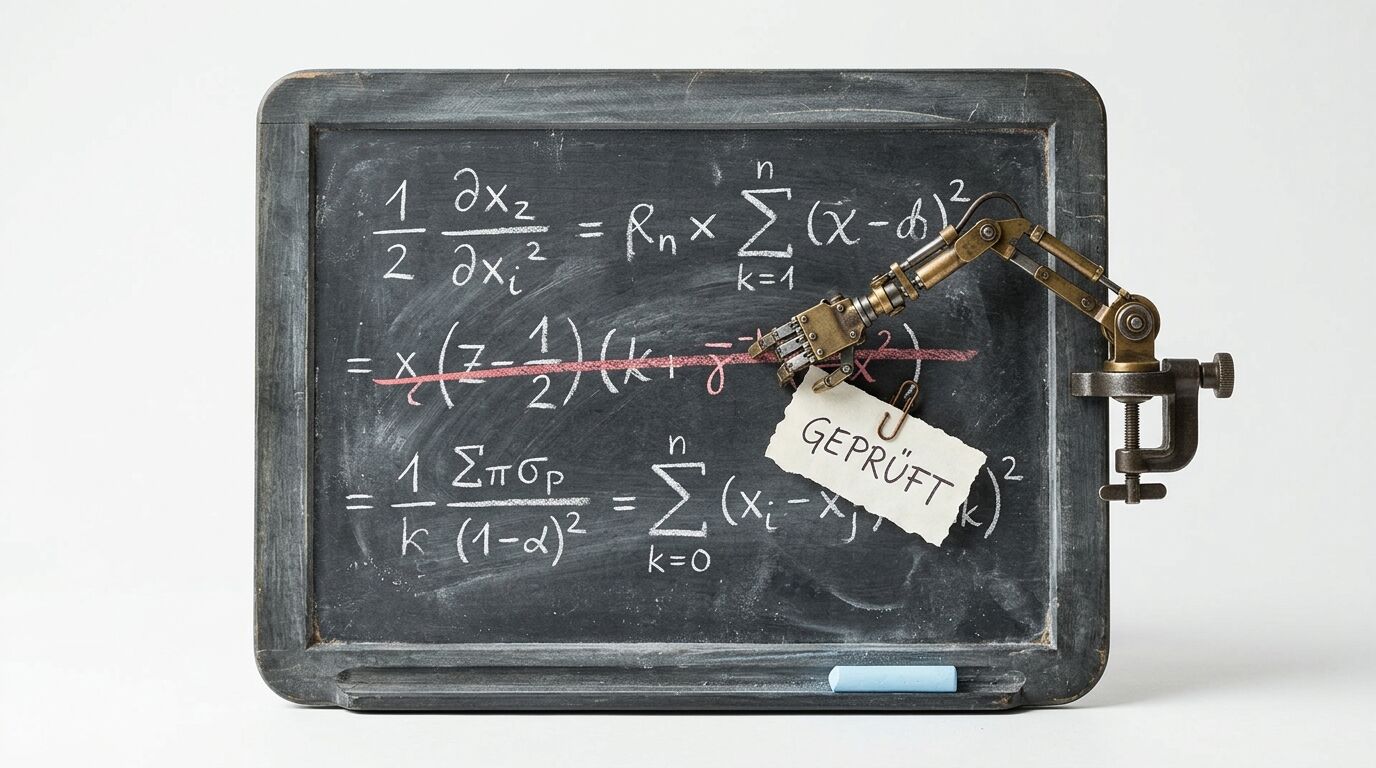 Tafel mit Formeln, Roboterarm und Zettel mit der Aufschrift „GEPRÜFT“