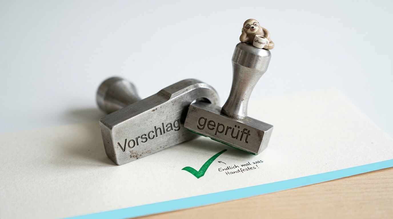 Nahaufnahme von zwei Metallstempeln mit den Aufschriften „Vorschlag“ und „geprüft“