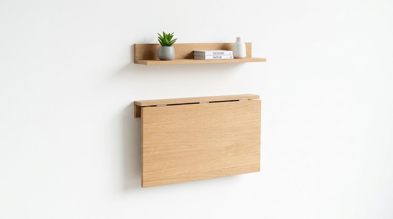 Hölzerner Klapptisch und Regal mit Pflanze und Büchern an einer weißen Wand