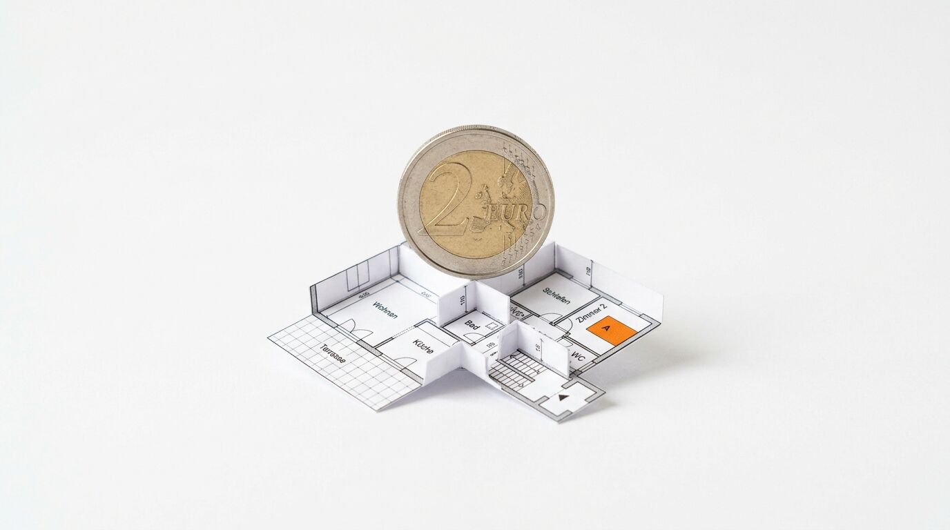 Eine 2-Euro-Münze steht auf einem dreidimensional gefalteten Papiermodell eines Grundrisses