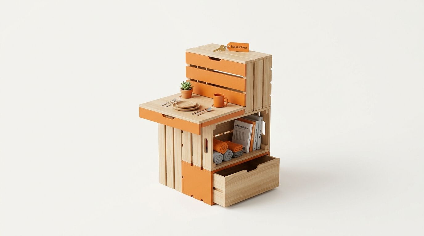 Modulares Holzmöbel mit orangen Akzenten, Tisch- und Regalfunktion vor weißem Hintergrund