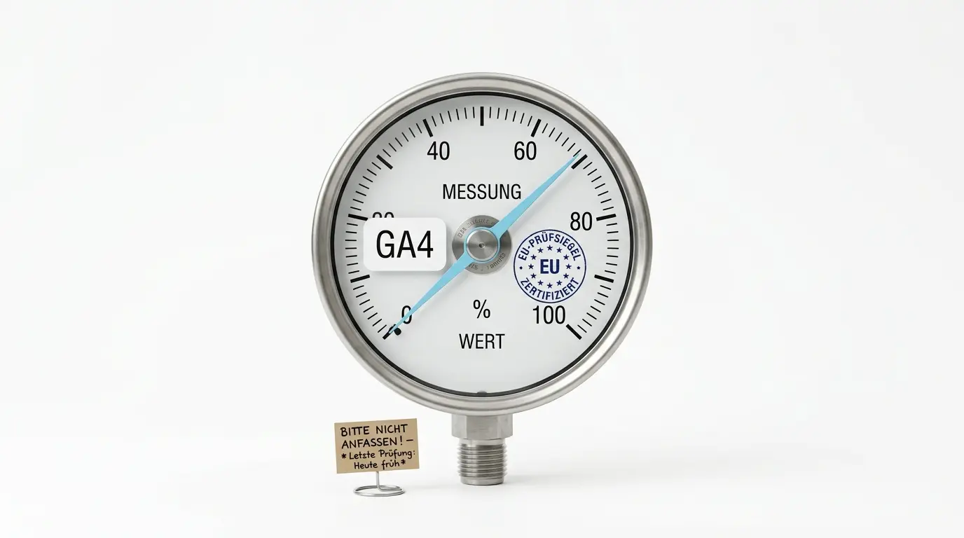 Manometer mit GA4-Aufkleber, EU-Siegel und kleinem Hinweisschild davor auf weißem Hintergrund