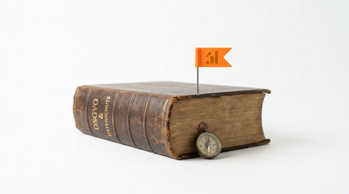 DSGVO-Buch mit oranger Google Analytics Flagge und Kompass auf weißem Grund