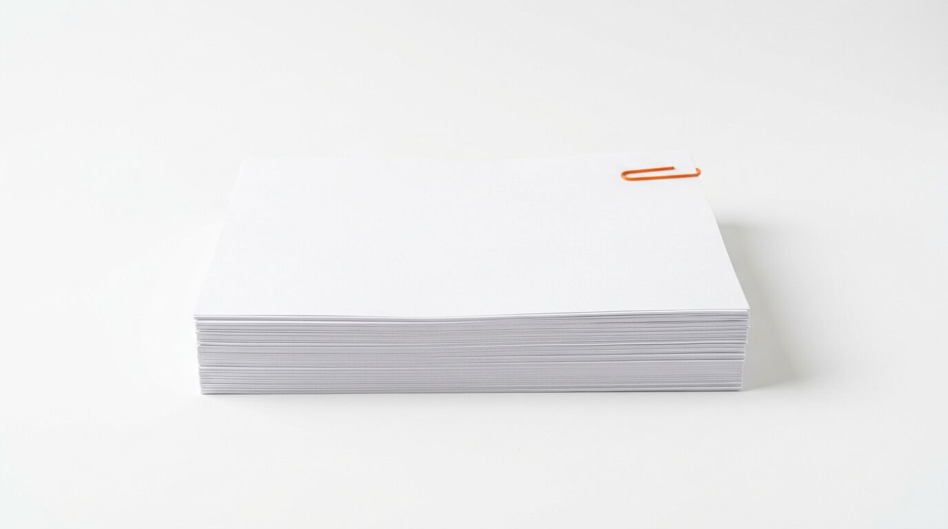 Ein Stapel weißes Druckerpapier mit einer orangefarbenen Büroklammer an der oberen rechten Ecke