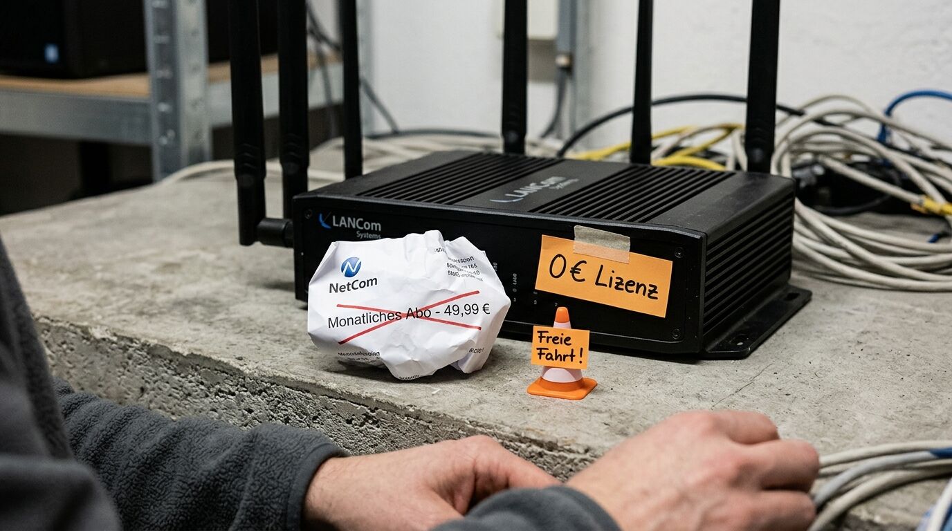 Ein LANCOM Router, zerknüllte Papierrechnung, Hinweisschild