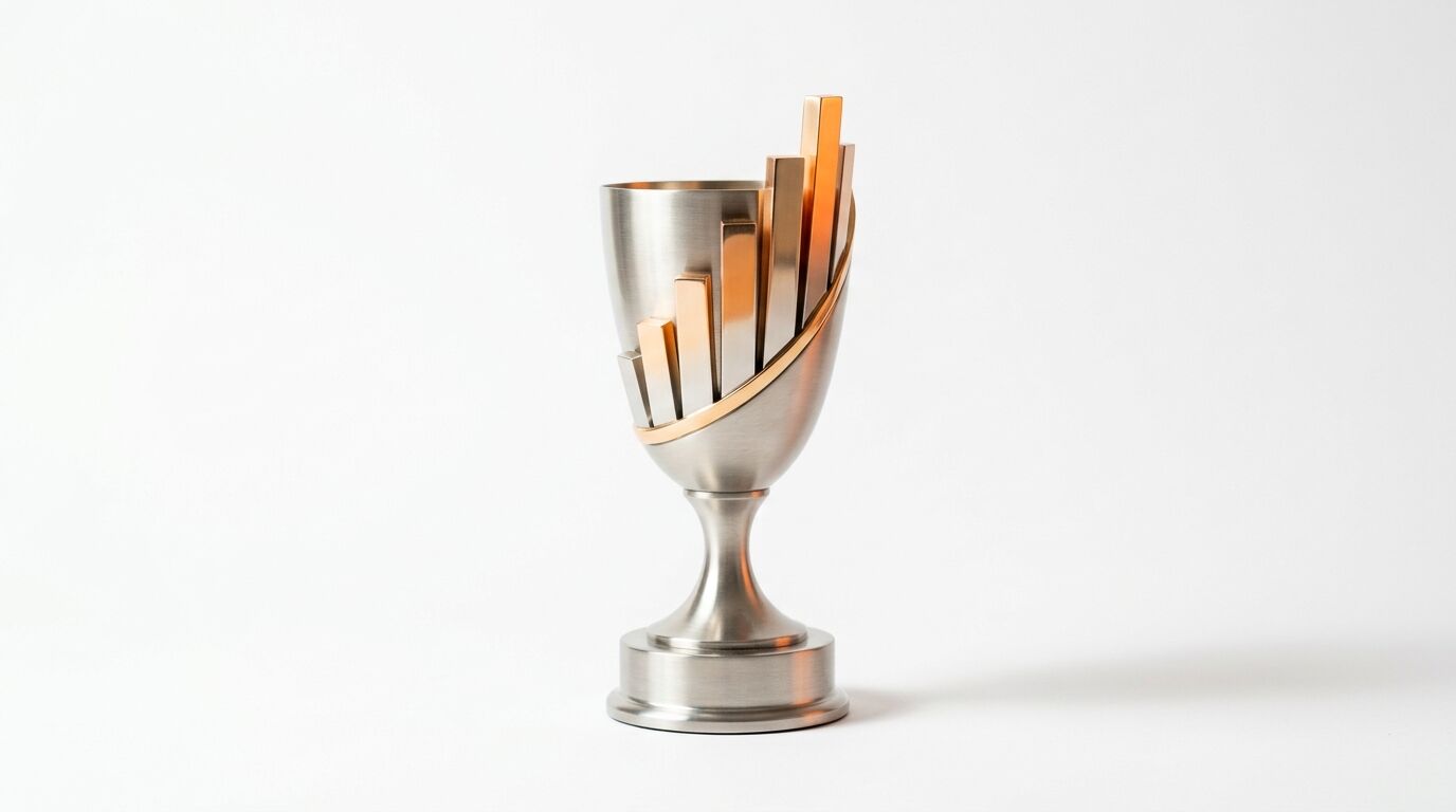 Ein silberner Pokal vor weißem Hintergrund, integriert mit einem ansteigenden, goldenen Balkendiagramm