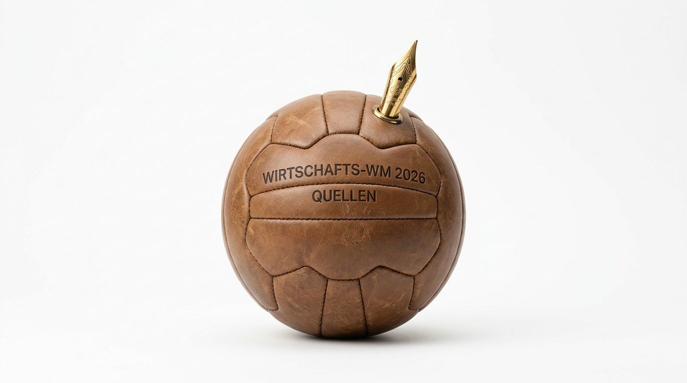 Vintage-Lederball mit Text und Federfeder vor weißem Hintergrund