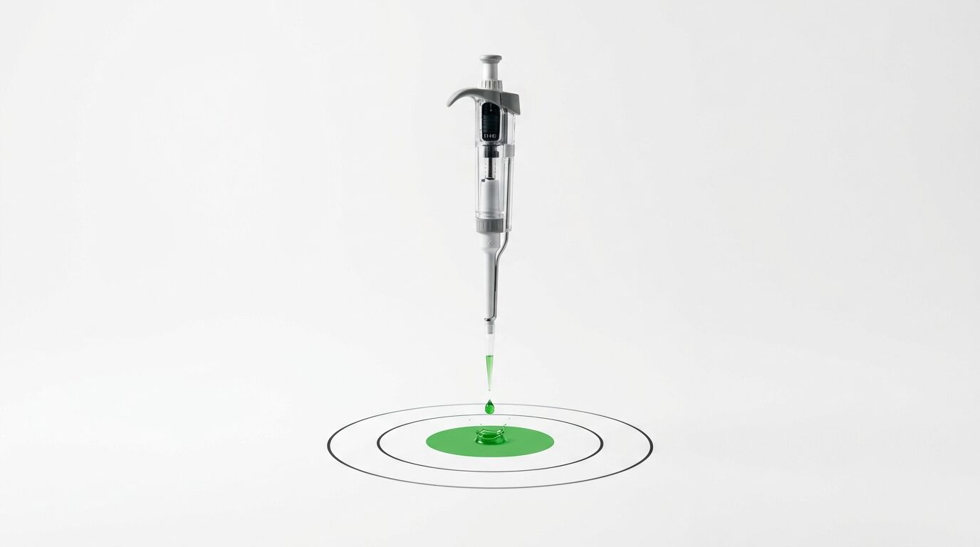 Laborpipette tropft grüne Flüssigkeit in die Mitte einer konzentrischen Zielscheibe auf weißem Grund