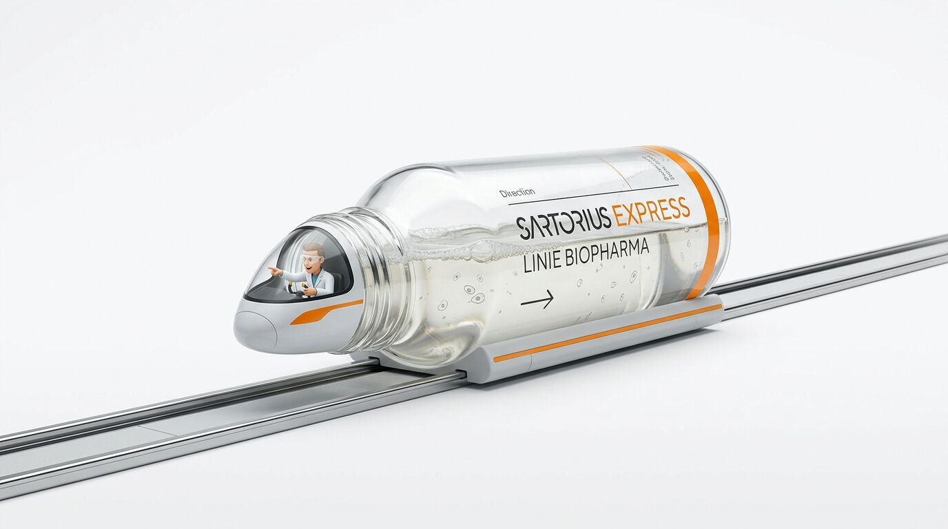 Sartorius-Flasche als Zug mit Fahrer und Aufschrift