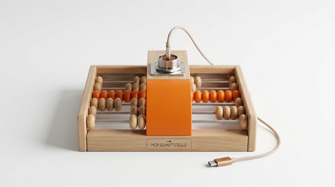 Ein hölzerner Abakus mit einem orangefarbenen Steuermodul und einem USB-C-Kabel davor