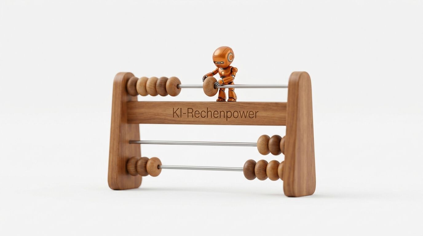 Kleiner Roboter bedient Holzabakus mit Aufschrift „KI-Rechenpower“ auf weißem Hintergrund