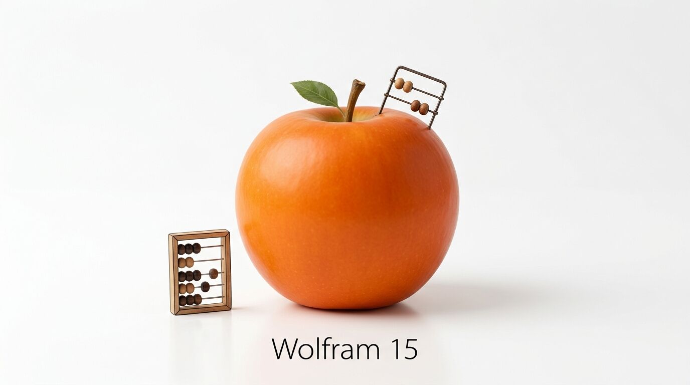 Apfel, Abakus, Text „Wolfram 15“ auf Weiß