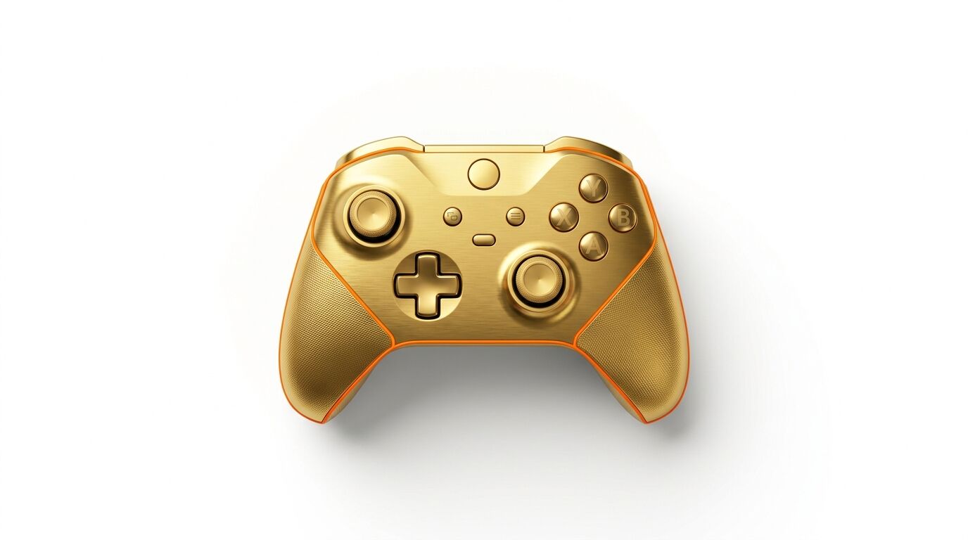 Goldfarbener Spielecontroller vor weißem Hintergrund in Draufsicht