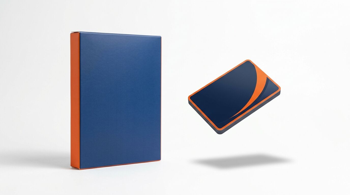 Ein blauer Karton mit orangen Seiten und ein schwebendes, blau-oranges Kartenspiel