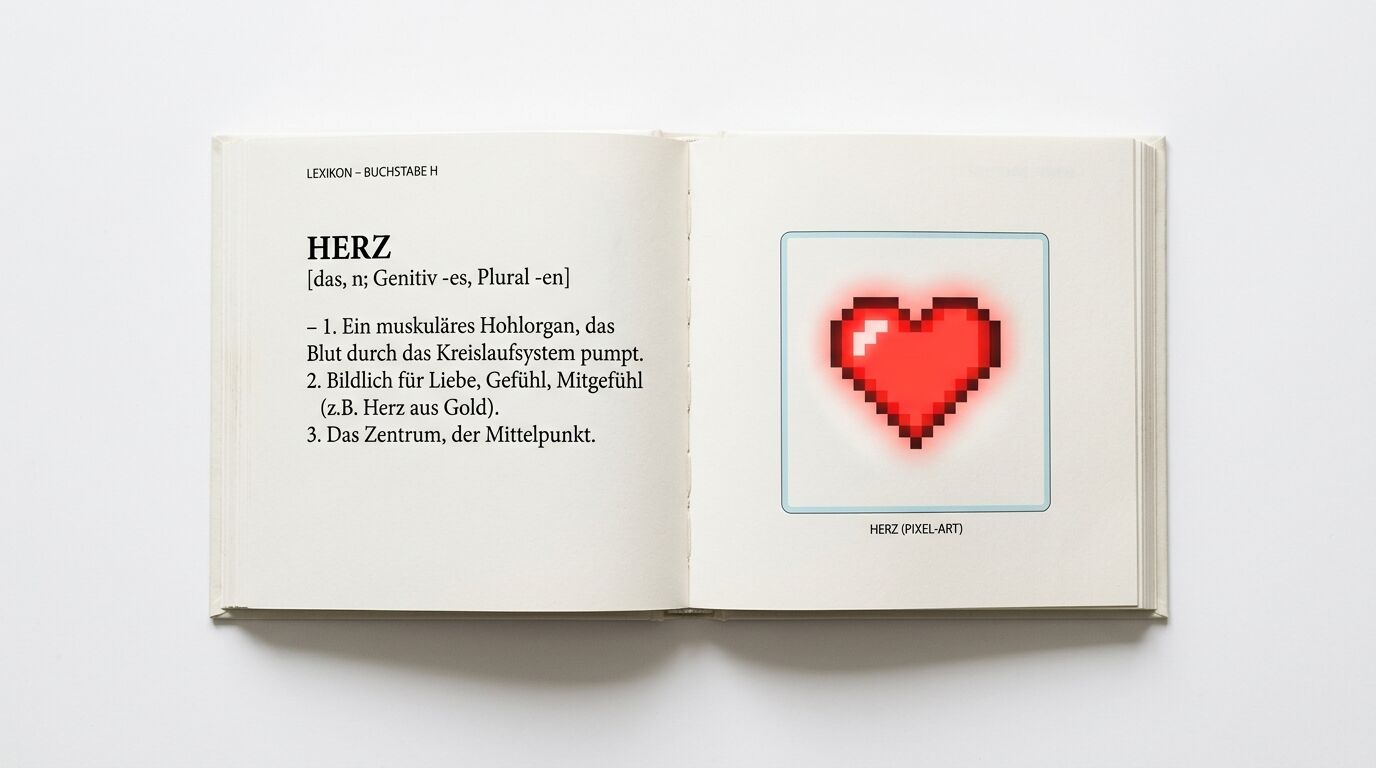 Lexikoneintrag für „Herz“ mit Definitionen und Pixel-Art-Illustration