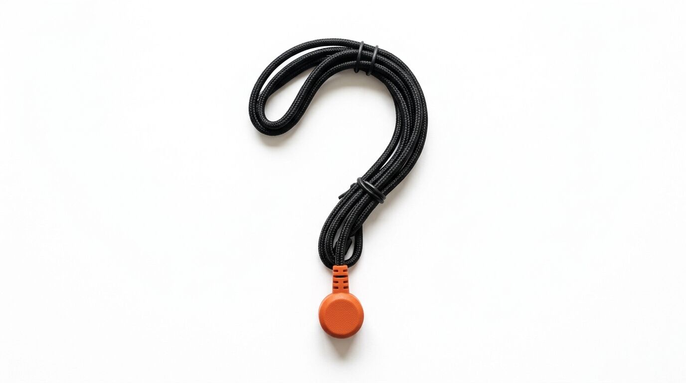 Ein schwarzes Kabel, geformt als Fragezeichen, endet in einem orangefarbenen Stecker