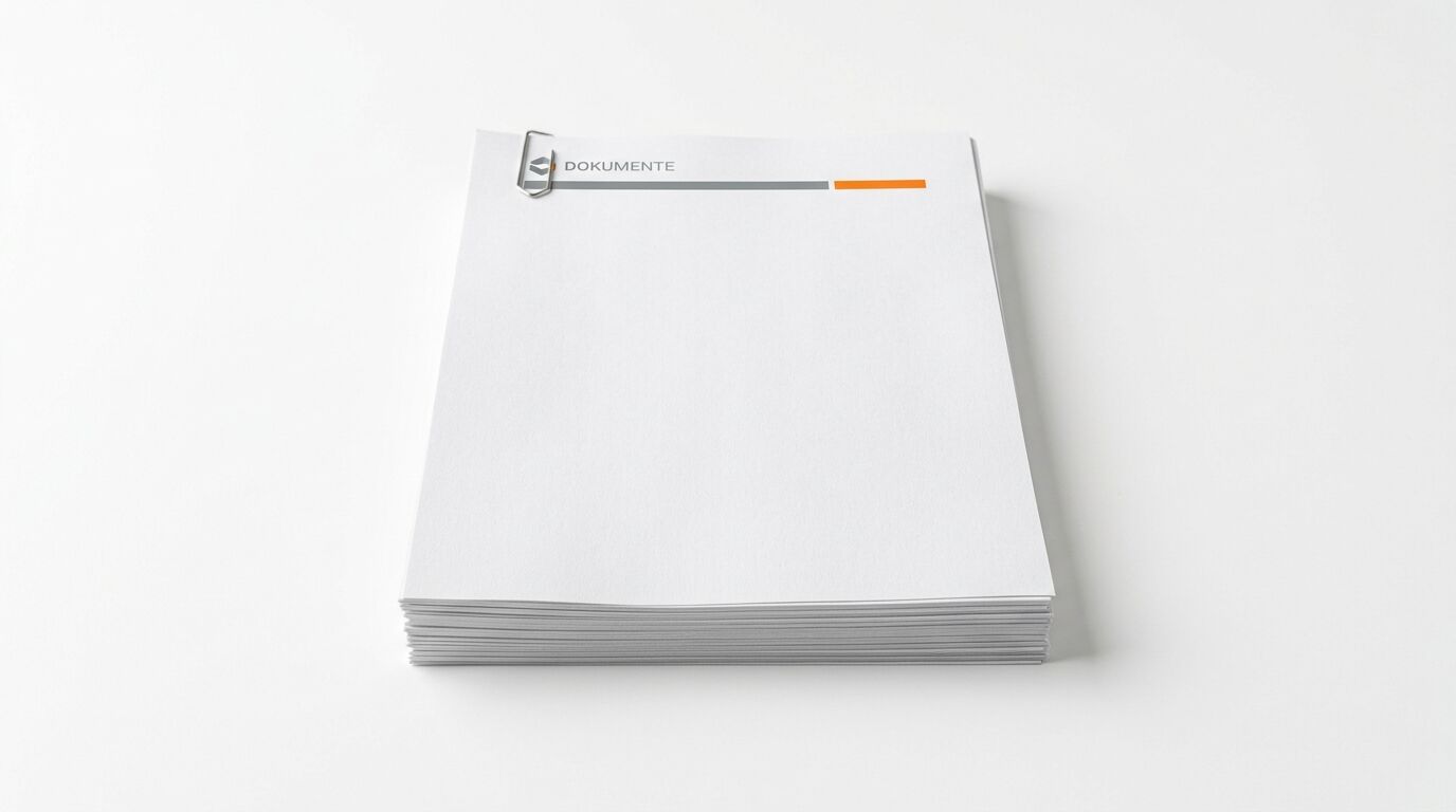 Ein Stapel weißer DIN-A4-Blätter mit Büroklammer und dem Text
