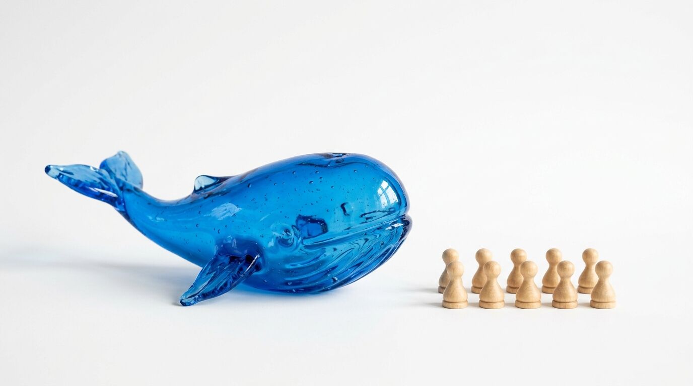 Blauer Glaswal und zehn kleine Holzspielfiguren auf weißem Hintergrund, von der Seite