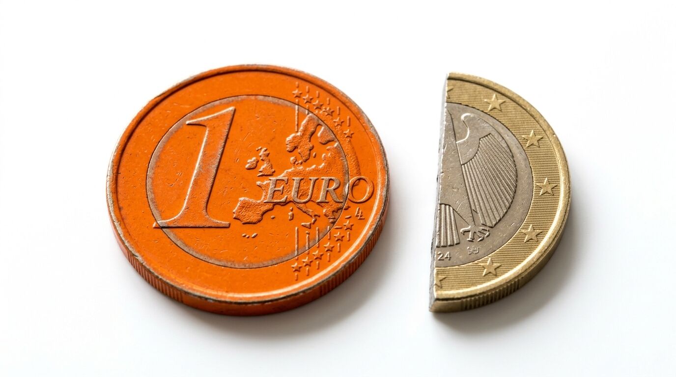 Links: Orangene 1-Euro-Münze. Rechts: Halbe deutsche 1-Euro-Münze auf weiß