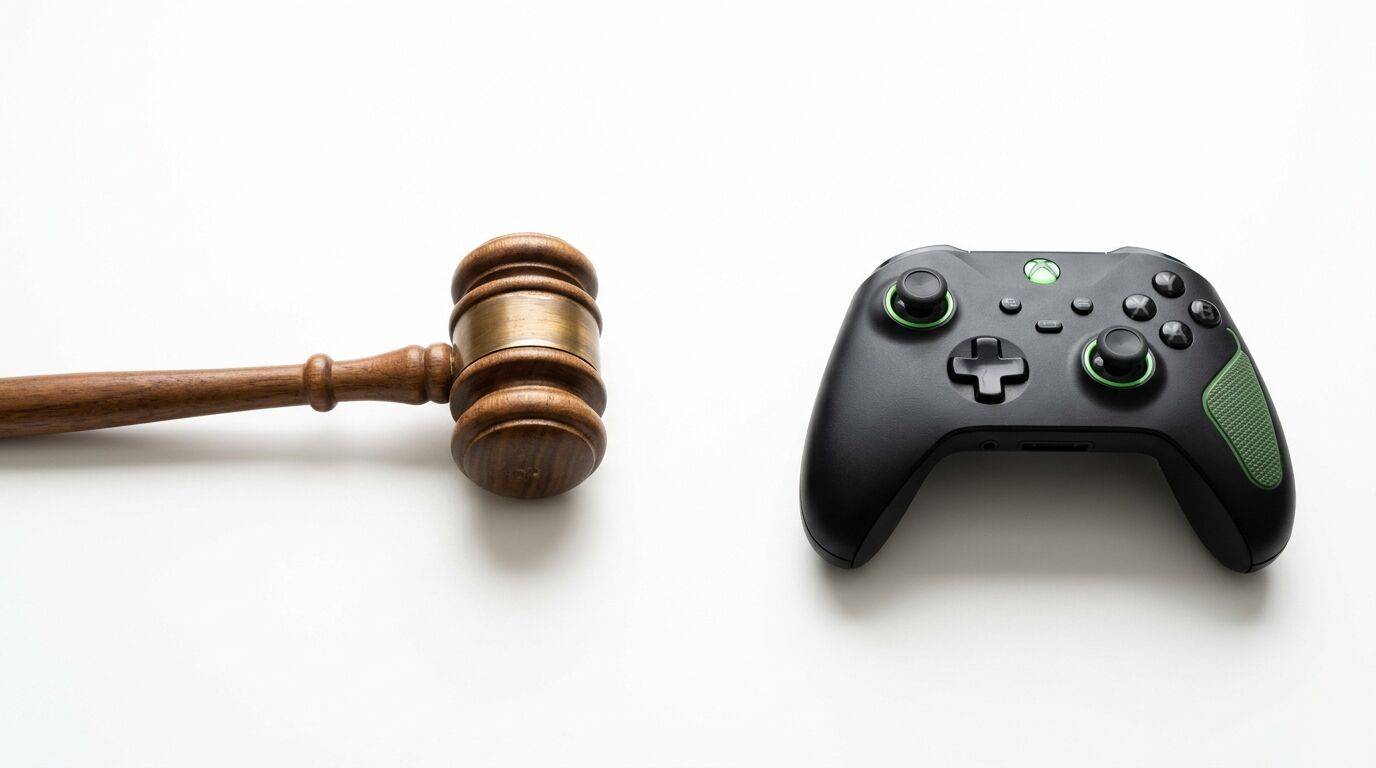 Ein Holzhammer und ein Xbox-Controller liegen nebeneinander auf weißem Grund