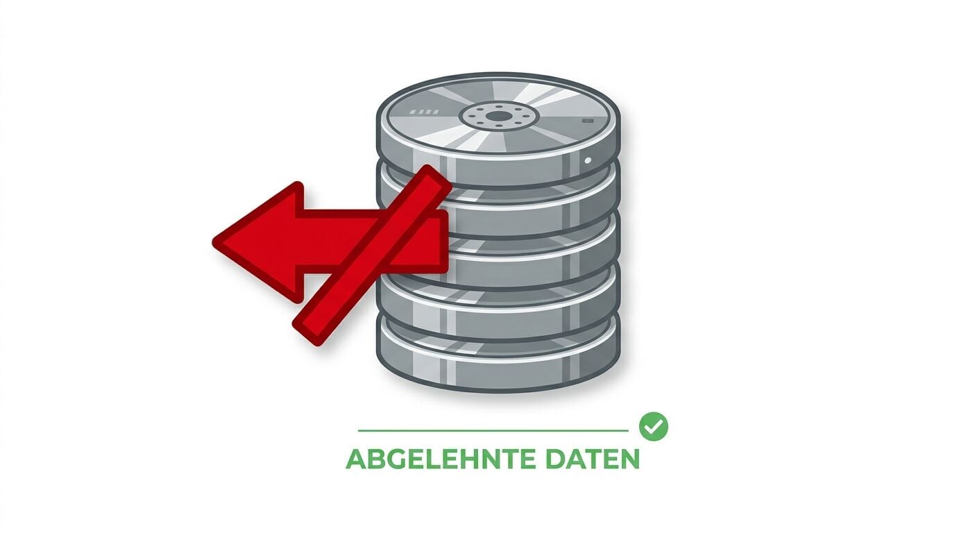 Symbol von Festplattenstapel mit durchgestrichenem rotem Pfeil und Text ABGELEHNTE DATEN