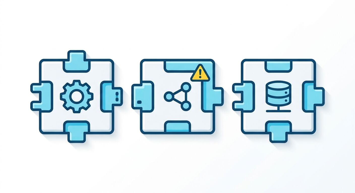 Drei verknüpfte Module: links Zahnrad, Mitte Freigabe-Icon mit Warnzeichen, rechts Datenbank