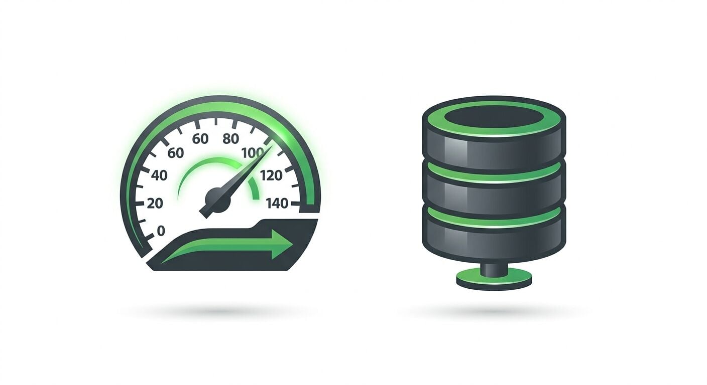 Zwei 3D-Icons auf weißem Grund: ein grüner Tacho links und ein graues Serverrack rechts