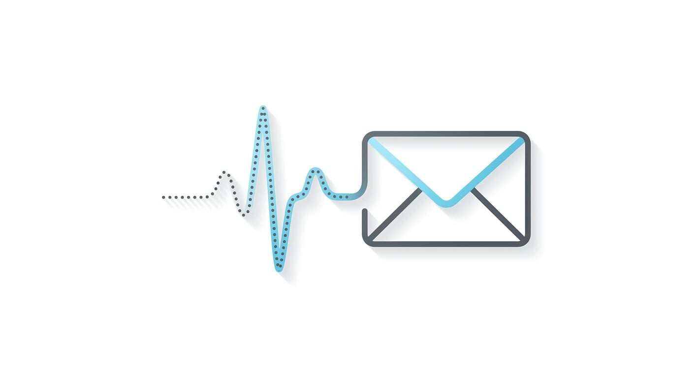 Grafische Darstellung einer E-Mail mit einer blauen Herzfrequenz-Wellenform