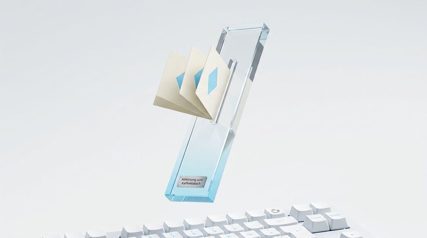 Schwebender Acrylpokal mit eingelegten Karten über weißer Tastatur