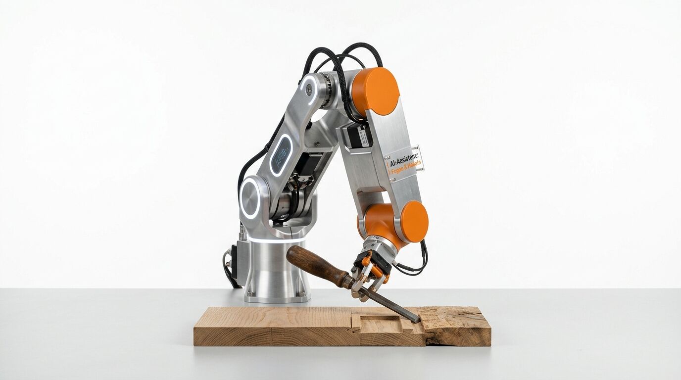 Roboterarm bearbeitet Holz mit Stemmeisen