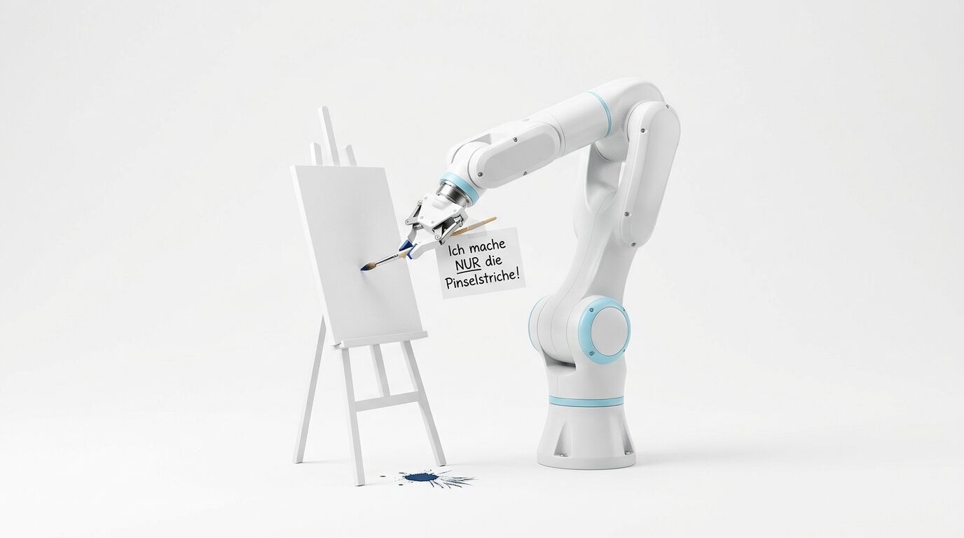 Ein Roboterarm malt mit einem Pinsel auf eine Staffelei