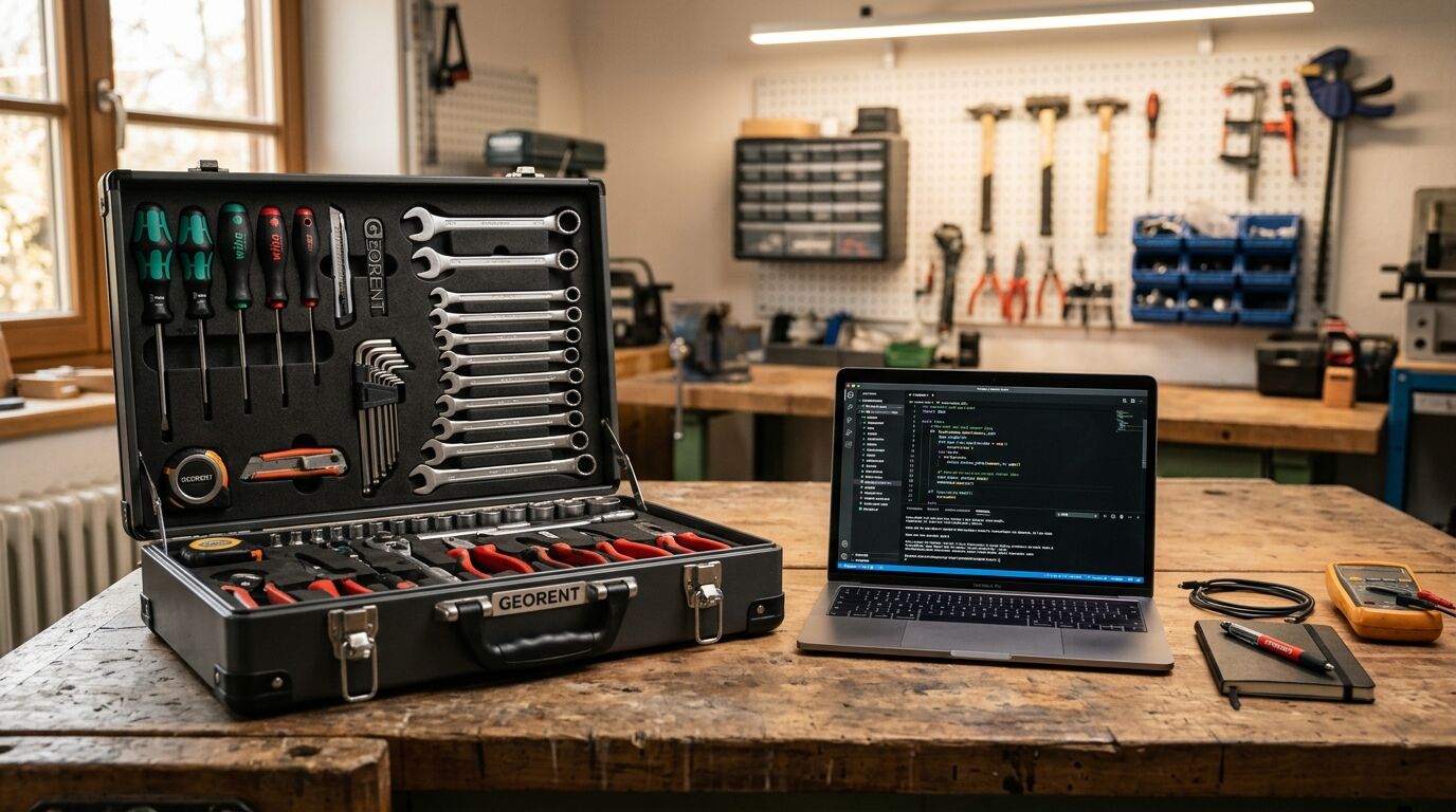 Geöffneter Werkzeugkoffer der Marke „GEORENT“ und ein Laptop mit Code auf einem Werktisch in einer Werkstatt