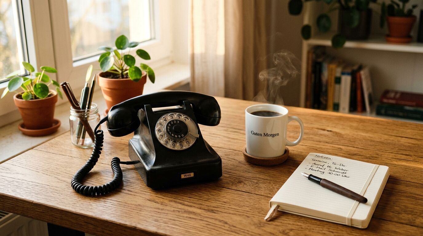 Tisch mit Wählscheibentelefon, Kaffeetasse, Notizbuch und Pflanzen am Fenster